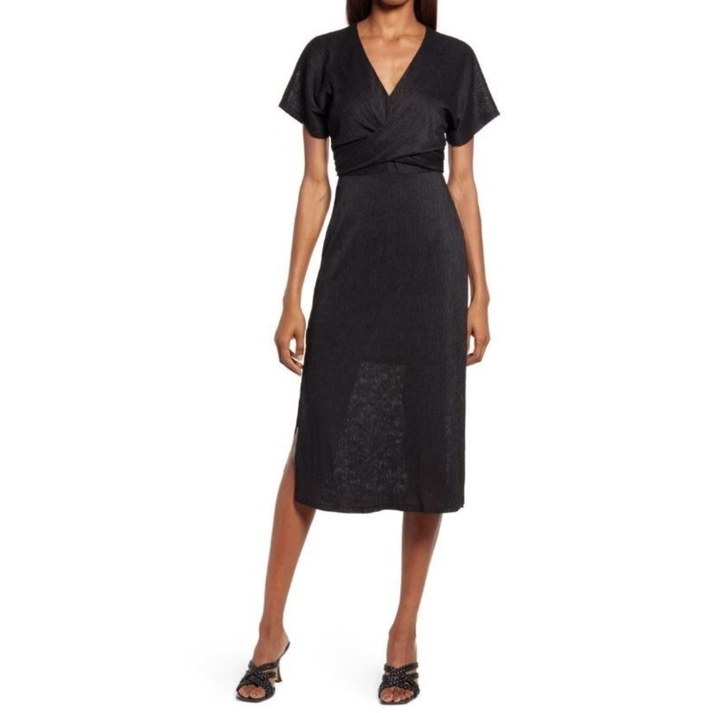 Floret Studios Women's Phoebe V-Neck Short Sleeve Midi Dress in Black Size Large